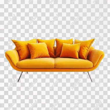 Yellow sofa without legs with orange cushions on white background, bright juicy colors, super realistic picture