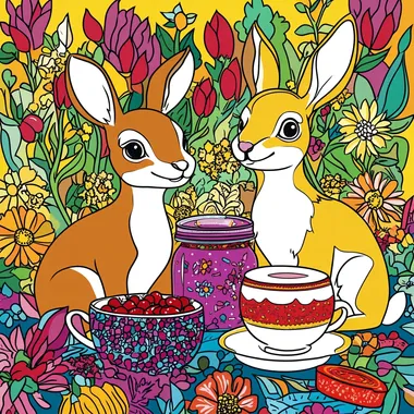 deer and bunnies with jam and tea, vivid colors, simple coloring book cover