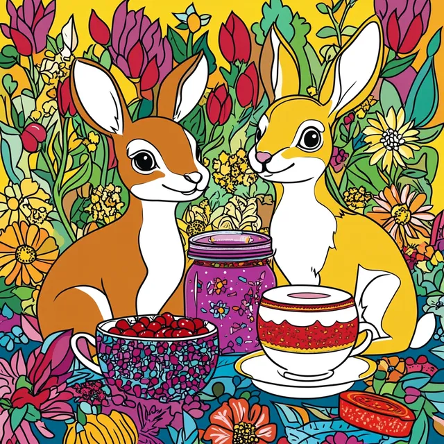 two rabbits sitting next to each other in front of flowers