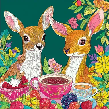 deer and bunnies with jam and tea, vivid colors, simple coloring book cover