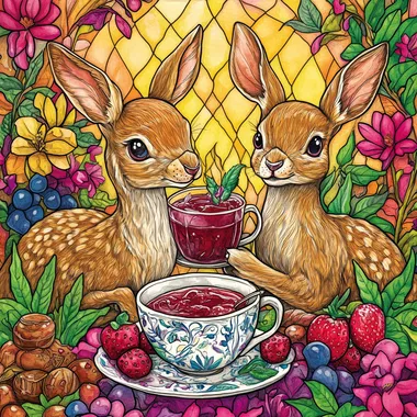 deer and bunnies with jam and tea, vivid colors, simple coloring book cover