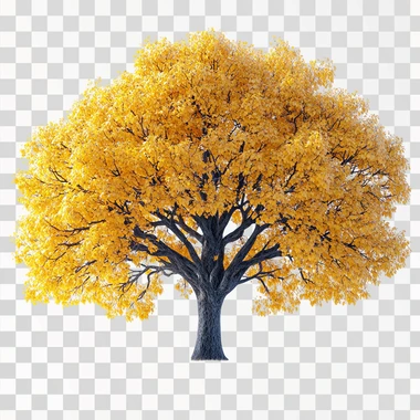 A large tree with yellow leaves, full-body shot, white background, 3D rendering, high resolution, high quality, high detail, hyperrealistic --s 750