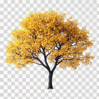 A large tree with yellow leaves, full-body shot, white background, 3D rendering, high resolution, high quality, high detail, hyperrealistic --s 750