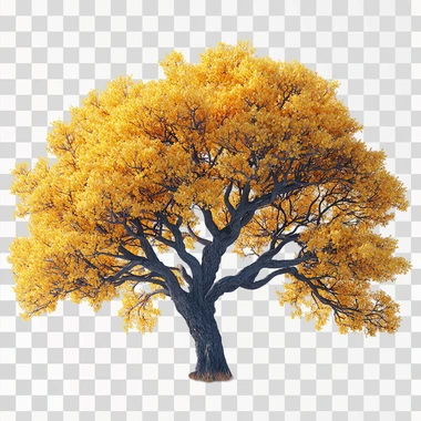 A large tree with yellow leaves, full-body shot, white background, 3D rendering, high resolution, high quality, high detail, hyperrealistic --s 750