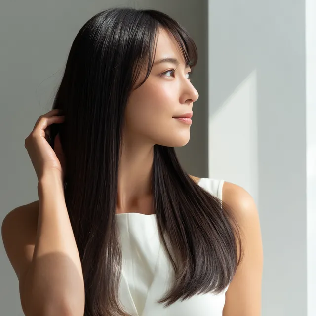 Radiant Beauty: Japanese Woman Admiring Her Long Straight Hair