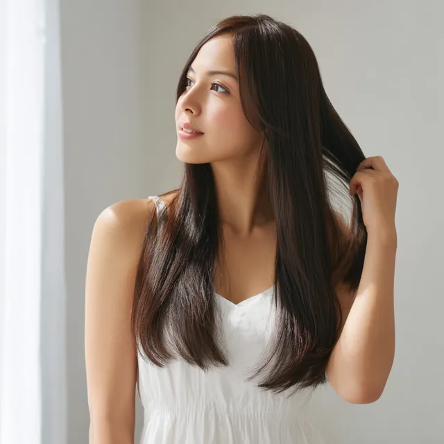 Elegant Portrait of a Japanese Woman with Long, Straight Hair