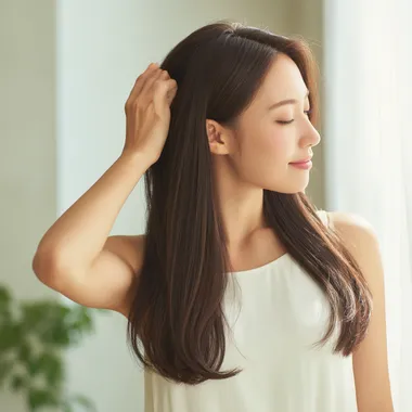This appears to be an advertisement photo for a hair care product that makes hair beautifully straight. A 20-year-old Japanese woman with long black hair is admiring her hair in the soft morning studio light, lovingly growing. This is a portrait of a woman with very well-groomed, supple long hair. The woman is beautiful and wearing a simple white sleeveless dress. The studio is bathed in fresh morning light from a window. A professional photographer is using a high-end camera to take high-quality photos. rofile bydwyj9