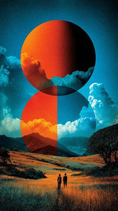 A minimal and simple illustration with large shapes of blue and orange in the sky, a close-up view, a grainy texture, a risograph print, an organic-shaped background, and a colorful Mbius strip.  rofile i8pjzwb