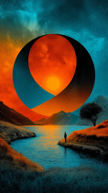 A minimal and simple illustration with large shapes of blue and orange in the sky, a close-up view, a grainy texture, a risograph print, an organic-shaped background, and a colorful Mbius strip.  rofile i8pjzwb