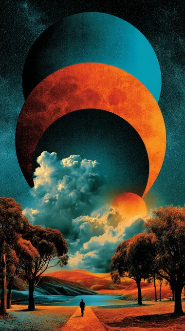 A minimal and simple illustration with large shapes of blue and orange in the sky, a close-up view, a grainy texture, a risograph print, an organic-shaped background, and a colorful Mbius strip.  rofile i8pjzwb