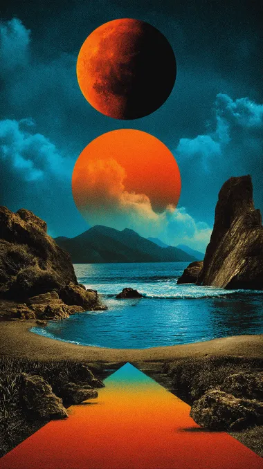A minimal and simple illustration with large shapes of blue and orange in the sky, a close-up view, a grainy texture, a risograph print, an organic-shaped background, and a colorful Mbius strip.  rofile i8pjzwb