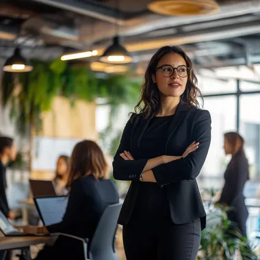 a leader guiding her team through a difficult period. The background is in a well lit, trendy startup office. Daytime, daylight, natural light, realistic, shot on canon, 50mm, f3.5