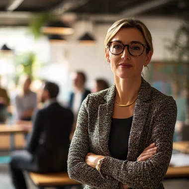 a leader guiding her team through a difficult period. The background is in a well lit, trendy startup office. Daytime, daylight, natural light, realistic, shot on canon, 50mm, f3.5