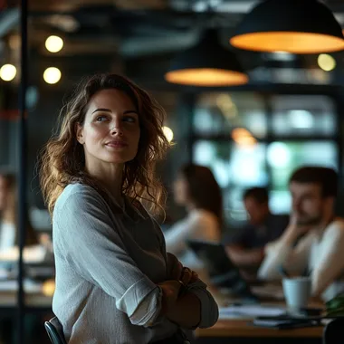 a leader guiding her team through a difficult period. The background is in a well lit, trendy startup office. Daytime, daylight, natural light, realistic, shot on canon, 50mm, f3.5