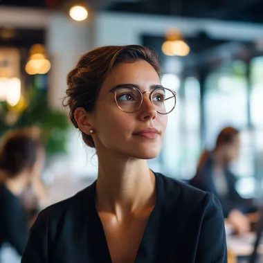 a leader guiding her team through a difficult period. The background is in a well lit, trendy startup office. Daytime, daylight, natural light, realistic, shot on canon, 50mm, f3.5