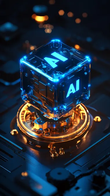 Blue gold black color scheme, a blue cube with "AI" on top, orange gold as auxiliary color, AI logo box, with a circular gear base below, emitting a lot of blue light upwards, orange gold gradient, metallic texture, blue light, dark background, gold curved light, strong atmosphere, cool, futuristic, technological atmosphere.high resolution, octane rendering, product design, detailed, high quality, high contrast, studio lighting, black background, light reflection on blue lens