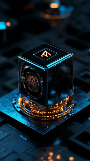 Blue gold black color scheme, a blue cube with "AI" on top, orange gold as auxiliary color, AI logo box, with a circular gear base below, emitting a lot of blue light upwards, orange gold gradient, metallic texture, blue light, dark background, gold curved light, strong atmosphere, cool, futuristic, technological atmosphere.high resolution, octane rendering, product design, detailed, high quality, high contrast, studio lighting, black background, light reflection on blue lens