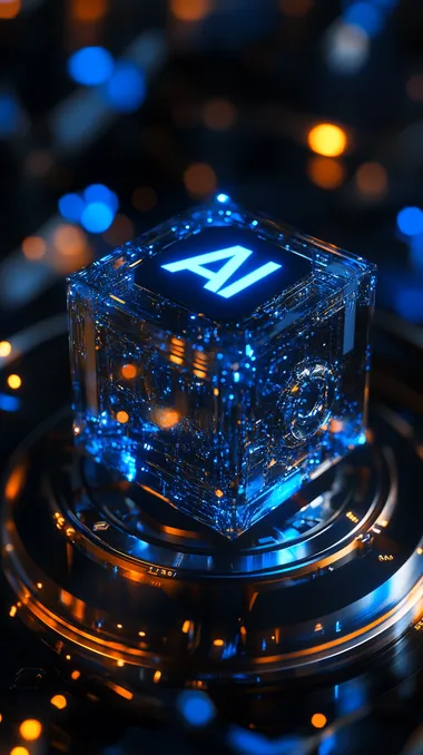 Blue gold black color scheme, a blue cube with "AI" on top, orange gold as auxiliary color, AI logo box, with a circular gear base below, emitting a lot of blue light upwards, orange gold gradient, metallic texture, blue light, dark background, gold curved light, strong atmosphere, cool, futuristic, technological atmosphere.high resolution, octane rendering, product design, detailed, high quality, high contrast, studio lighting, black background, light reflection on blue lens