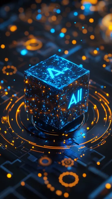 Blue gold black color scheme, a blue cube with "AI" on top, orange gold as auxiliary color, AI logo box, with a circular gear base below, emitting a lot of blue light upwards, orange gold gradient, metallic texture, blue light, dark background, gold curved light, strong atmosphere, cool, futuristic, technological atmosphere.high resolution, octane rendering, product design, detailed, high quality, high contrast, studio lighting, black background, light reflection on blue lens