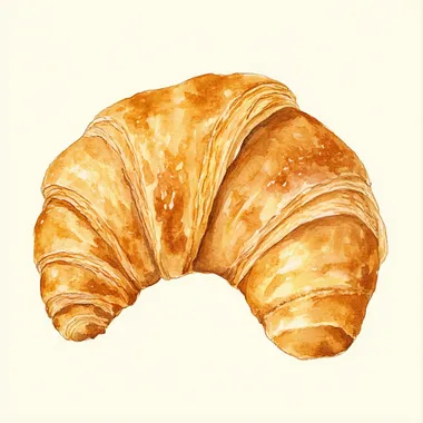 Here is the image you requested: a large croissant on a cream-colored background depicted in a watercolor style.