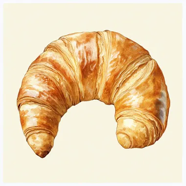 Here is the image you requested: a large croissant on a cream-colored background depicted in a watercolor style.