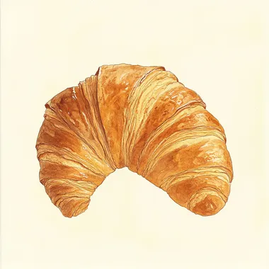 Here is the image you requested: a large croissant on a cream-colored background depicted in a watercolor style.