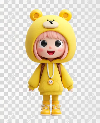 The picture shows a cute cartoon character image. This character is wearing a hooded outfit with yellow as the main color tone. The costume design is similar to a little bear, with two big yellow bear ears on the head and bear eyes and nose shapes on the face. The character has light pink hair, a blush on the cheeks, big and bright eyes, and shows a happy smile. With a bear-shaped pendant hanging around her neck and a small backpack on her back, the overall look is both playful and cute. Below the character are a pair of yellow boots, and the background is pure white. This picture belongs to the 3D cartoon style, featuring bright colors and rounded shapes.