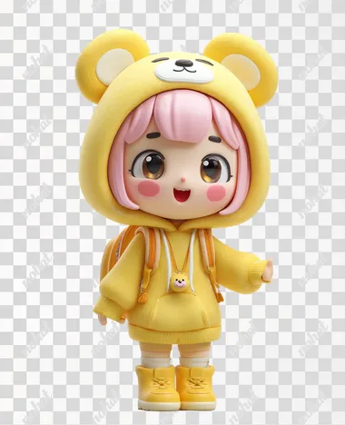The picture shows a cute cartoon character image. This character is wearing a hooded outfit with yellow as the main color tone. The costume design is similar to a little bear, with two big yellow bear ears on the head and bear eyes and nose shapes on the face. The character has light pink hair, a blush on the cheeks, big and bright eyes, and shows a happy smile. With a bear-shaped pendant hanging around her neck and a small backpack on her back, the overall look is both playful and cute. Below the character are a pair of yellow boots, and the background is pure white. This picture belongs to the 3D cartoon style, featuring bright colors and rounded shapes.