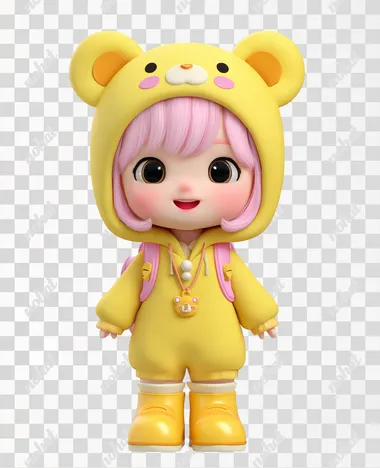 The picture shows a cute cartoon character image. This character is wearing a hooded outfit with yellow as the main color tone. The costume design is similar to a little bear, with two big yellow bear ears on the head and bear eyes and nose shapes on the face. The character has light pink hair, a blush on the cheeks, big and bright eyes, and shows a happy smile. With a bear-shaped pendant hanging around her neck and a small backpack on her back, the overall look is both playful and cute. Below the character are a pair of yellow boots, and the background is pure white. This picture belongs to the 3D cartoon style, featuring bright colors and rounded shapes.