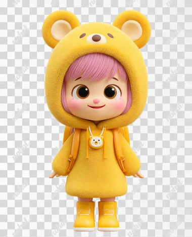 The picture shows a cute cartoon character image. This character is wearing a hooded outfit with yellow as the main color tone. The costume design is similar to a little bear, with two big yellow bear ears on the head and bear eyes and nose shapes on the face. The character has light pink hair, a blush on the cheeks, big and bright eyes, and shows a happy smile. With a bear-shaped pendant hanging around her neck and a small backpack on her back, the overall look is both playful and cute. Below the character are a pair of yellow boots, and the background is pure white. This picture belongs to the 3D cartoon style, featuring bright colors and rounded shapes.