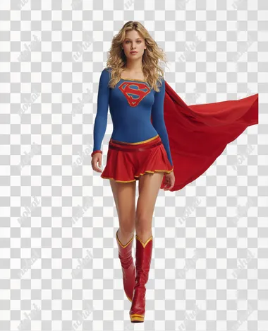 A real-life movie poster about a shapely and muscular Supergirl, movie featuring Supergirl, deep blue eyed 30-year-old blond, very long wavy thick blonde hair flowing to her tiny waist, simple seamless solid blue Supergirl costume with large red and yellow stylized S symbol over her substantial chest and a long red cape attached at the shoulders and short red skirt with yellow waistband and red stiletto boots with yellow trim at the top, powerful muscular legs walking on a white background,