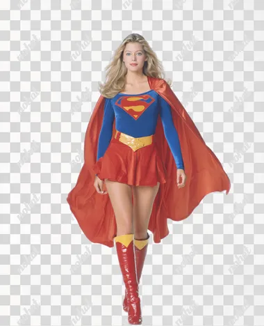 A real-life movie poster about a shapely and muscular Supergirl, movie featuring Supergirl, deep blue eyed 30-year-old blond, very long wavy thick blonde hair flowing to her tiny waist, simple seamless solid blue Supergirl costume with large red and yellow stylized S symbol over her substantial chest and a long red cape attached at the shoulders and short red skirt with yellow waistband and red stiletto boots with yellow trim at the top, powerful muscular legs walking on a white background,