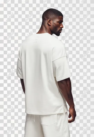 Ultra-realistic commercial back view photography of a well-built muscular mixed-race male model photographed from behind, wearing a coordinated off-white streetwear set: structured oversized t-shirt with modern boxy silhouette visible from back, dropped shoulder seams, wide sleeves stopping above elbows, regular shirt length, soft jersey fabric showing natural drape over defined back and shoulder muscles, clean blank back panel; matching mid-thigh length shorts with elastic waistband, flat drawstring detail, relaxed fit above knee, back pocket and side pockets visible, same soft modal-cotton blend fabric with natural drape. Professional studio lighting, neutral background, hyperrealistic back muscle definition and fabric textures, athletic physique clearly visible from rear angle   --raw rofile ywvpc1l