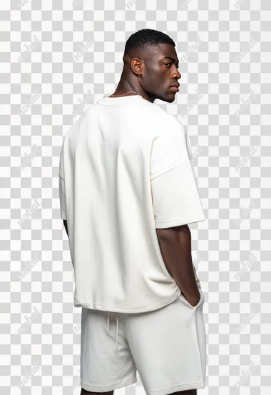 Ultra-realistic commercial back view photography of a well-built muscular mixed-race male model photographed from behind, wearing a coordinated off-white streetwear set: structured oversized t-shirt with modern boxy silhouette visible from back, dropped shoulder seams, wide sleeves stopping above elbows, regular shirt length, soft jersey fabric showing natural drape over defined back and shoulder muscles, clean blank back panel; matching mid-thigh length shorts with elastic waistband, flat drawstring detail, relaxed fit above knee, back pocket and side pockets visible, same soft modal-cotton blend fabric with natural drape. Professional studio lighting, neutral background, hyperrealistic back muscle definition and fabric textures, athletic physique clearly visible from rear angle   --raw rofile ywvpc1l