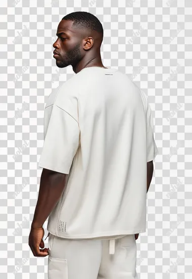 Ultra-realistic commercial back view photography of a well-built muscular mixed-race male model photographed from behind, wearing a coordinated off-white streetwear set: structured oversized t-shirt with modern boxy silhouette visible from back, dropped shoulder seams, wide sleeves stopping above elbows, regular shirt length, soft jersey fabric showing natural drape over defined back and shoulder muscles, clean blank back panel; matching mid-thigh length shorts with elastic waistband, flat drawstring detail, relaxed fit above knee, back pocket and side pockets visible, same soft modal-cotton blend fabric with natural drape. Professional studio lighting, neutral background, hyperrealistic back muscle definition and fabric textures, athletic physique clearly visible from rear angle   --raw rofile ywvpc1l