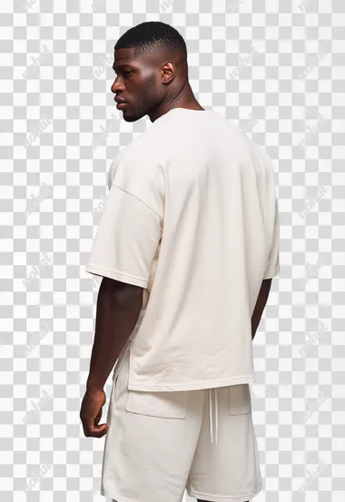 Ultra-realistic commercial back view photography of a well-built muscular mixed-race male model photographed from behind, wearing a coordinated off-white streetwear set: structured oversized t-shirt with modern boxy silhouette visible from back, dropped shoulder seams, wide sleeves stopping above elbows, regular shirt length, soft jersey fabric showing natural drape over defined back and shoulder muscles, clean blank back panel; matching mid-thigh length shorts with elastic waistband, flat drawstring detail, relaxed fit above knee, back pocket and side pockets visible, same soft modal-cotton blend fabric with natural drape. Professional studio lighting, neutral background, hyperrealistic back muscle definition and fabric textures, athletic physique clearly visible from rear angle   --raw rofile ywvpc1l