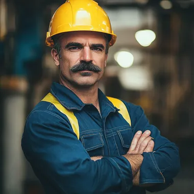A confident construction worker stands with his arms crossed, wearing a bright yellow hard hat and a neatly pressed blue uniform, symbolizing professionalism and expertise. His well-groomed mustache adds character to his strong, determined expression, conveying a sense of pride and experience in his trade. The background features a subtly blurred industrial setting, hinting at construction sites and heavy machinery, reinforcing the worker's skilled profession. The lighting is warm and well-balanced, casting soft shadows that highlight the contours of his face and uniform, adding depth to the portrait. The vibrant contrast between the yellow hard hat and blue uniform enhances the visual appeal, emphasizing safety and professionalism. The composition is clean and structured, focusing on the subjects strong stance and confident demeanor, capturing the essence of a dedicated laborer in the, isolated on white background, white background, real photo, 8k full hd, no blured, no noise, sharp photo, clear eye, clear hair, clear nail, clear finger,