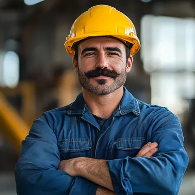 A confident construction worker stands with his arms crossed, wearing a bright yellow hard hat and a neatly pressed blue uniform, symbolizing professionalism and expertise. His well-groomed mustache adds character to his strong, determined expression, conveying a sense of pride and experience in his trade. The background features a subtly blurred industrial setting, hinting at construction sites and heavy machinery, reinforcing the worker's skilled profession. The lighting is warm and well-balanced, casting soft shadows that highlight the contours of his face and uniform, adding depth to the portrait. The vibrant contrast between the yellow hard hat and blue uniform enhances the visual appeal, emphasizing safety and professionalism. The composition is clean and structured, focusing on the subjects strong stance and confident demeanor, capturing the essence of a dedicated laborer in the, isolated on white background, white background, real photo, 8k full hd, no blured, no noise, sharp photo, clear eye, clear hair, clear nail, clear finger,