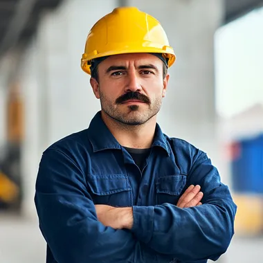 A confident construction worker stands with his arms crossed, wearing a bright yellow hard hat and a neatly pressed blue uniform, symbolizing professionalism and expertise. His well-groomed mustache adds character to his strong, determined expression, conveying a sense of pride and experience in his trade. The background features a subtly blurred industrial setting, hinting at construction sites and heavy machinery, reinforcing the worker's skilled profession. The lighting is warm and well-balanced, casting soft shadows that highlight the contours of his face and uniform, adding depth to the portrait. The vibrant contrast between the yellow hard hat and blue uniform enhances the visual appeal, emphasizing safety and professionalism. The composition is clean and structured, focusing on the subjects strong stance and confident demeanor, capturing the essence of a dedicated laborer in the, isolated on white background, white background, real photo, 8k full hd, no blured, no noise, sharp photo, clear eye, clear hair, clear nail, clear finger,