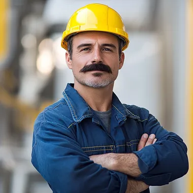 A confident construction worker stands with his arms crossed, wearing a bright yellow hard hat and a neatly pressed blue uniform, symbolizing professionalism and expertise. His well-groomed mustache adds character to his strong, determined expression, conveying a sense of pride and experience in his trade. The background features a subtly blurred industrial setting, hinting at construction sites and heavy machinery, reinforcing the worker's skilled profession. The lighting is warm and well-balanced, casting soft shadows that highlight the contours of his face and uniform, adding depth to the portrait. The vibrant contrast between the yellow hard hat and blue uniform enhances the visual appeal, emphasizing safety and professionalism. The composition is clean and structured, focusing on the subjects strong stance and confident demeanor, capturing the essence of a dedicated laborer in the, isolated on white background, white background, real photo, 8k full hd, no blured, no noise, sharp photo, clear eye, clear hair, clear nail, clear finger,