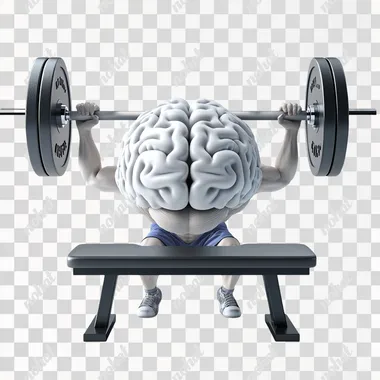 A brain with arms and legs performing a bench press while lying on a workout bench. The brain appears muscular and determined, lifting a barbell over it with effort. The scene is isolated on a pure white background, with no additional elements or distractions, emphasizing the surreal and humorous concept