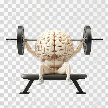 A brain with arms and legs performing a bench press while lying on a workout bench. The brain appears muscular and determined, lifting a barbell over it with effort. The scene is isolated on a pure white background, with no additional elements or distractions, emphasizing the surreal and humorous concept