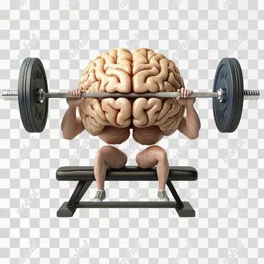 A brain with arms and legs performing a bench press while lying on a workout bench. The brain appears muscular and determined, lifting a barbell over it with effort. The scene is isolated on a pure white background, with no additional elements or distractions, emphasizing the surreal and humorous concept