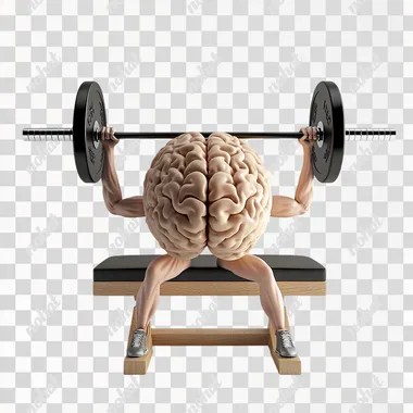 A brain with arms and legs performing a bench press while lying on a workout bench. The brain appears muscular and determined, lifting a barbell over it with effort. The scene is isolated on a pure white background, with no additional elements or distractions, emphasizing the surreal and humorous concept