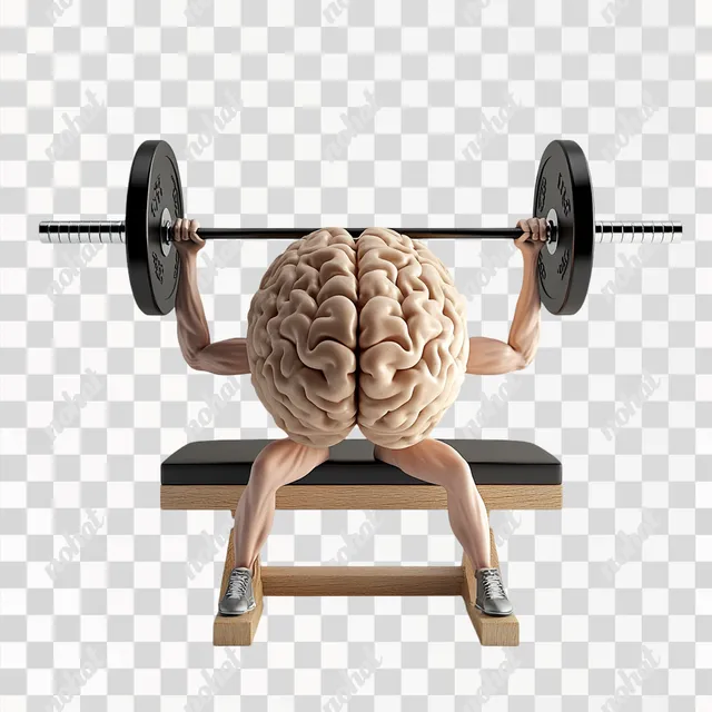 PNG Brain with arms and legs doing a bench press in a gym setting