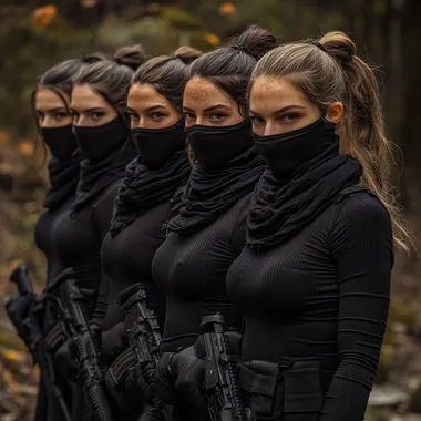 a group of six women with pony tail hair wearing black ribbed Turtlenecks with long sleeves under Airsoft Gear. They also wear a black cotton scarf around their mouth, neck and nose