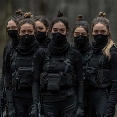 a group of six women with pony tail hair wearing black ribbed Turtlenecks with long sleeves under Airsoft Gear. They also wear a black cotton scarf around their mouth, neck and nose