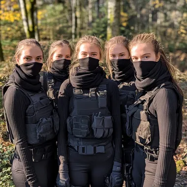 a group of six women with pony tail hair wearing black ribbed Turtlenecks with long sleeves under Airsoft Gear. They also wear a black cotton scarf around their mouth, neck and nose