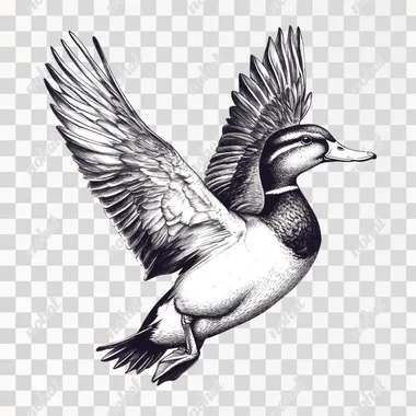 a duck in flight on a white background in the style of a simple drawing --s 250