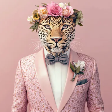 A cute leopard in a Gucci-inspired pink floral suit, white shirt, and bow tie with flowers on its head, a portrait-style photo in a clipart style, isolated on a solid background.